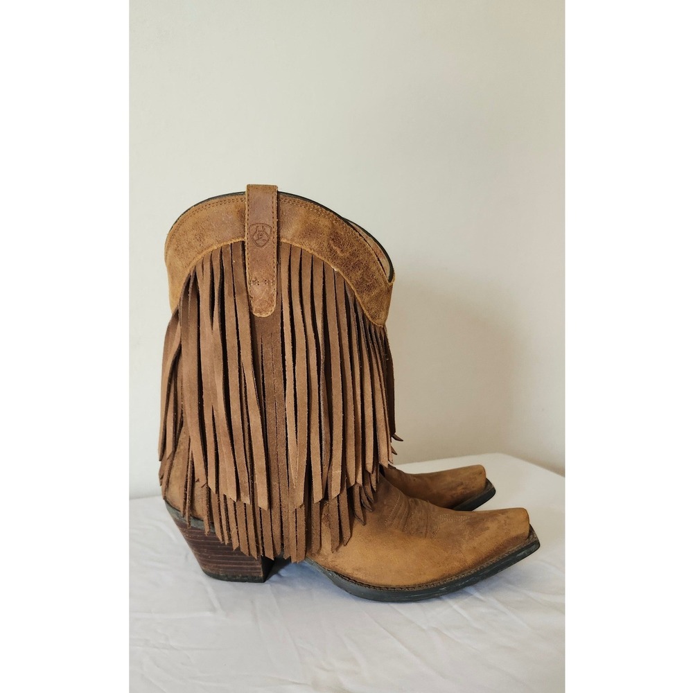 AriatGold Rush Brown Leather Fringe Snip Toe Western Cowgirl Boots 8.5B